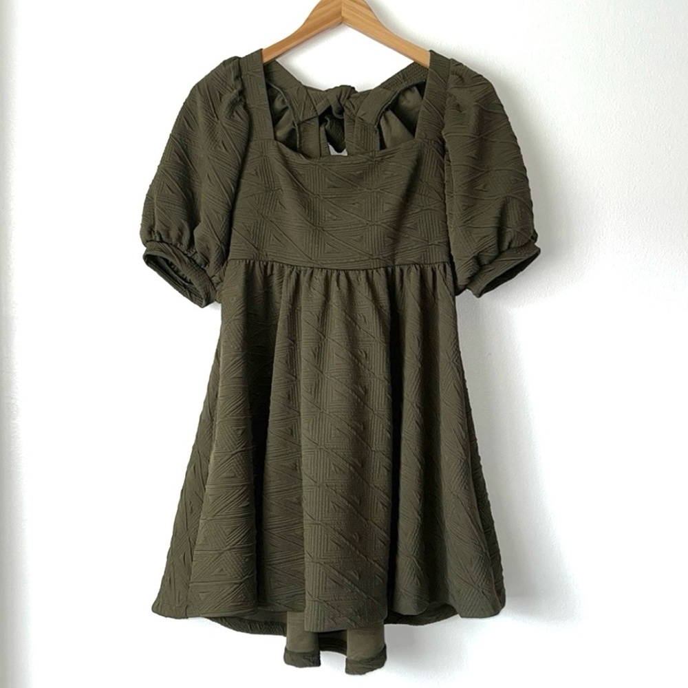 Free People Olive Green Textured Puff Sleeve Mini Dress - Picture 6 of 12